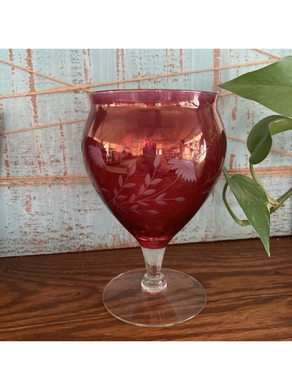 VTG MCM Cranberry Cut To Clear Daisy And Vines Czech Bohemian Glass Goblet